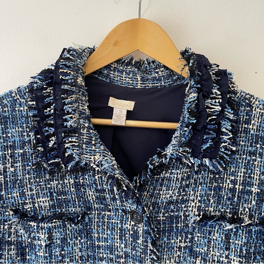 Chico's Blue Tweed Fringed Blazer - Picture 4 of 9